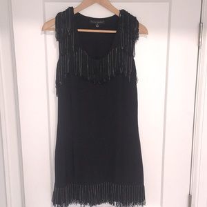 Sheri Bodell Black Silk Fringe and Chain Mini Dress